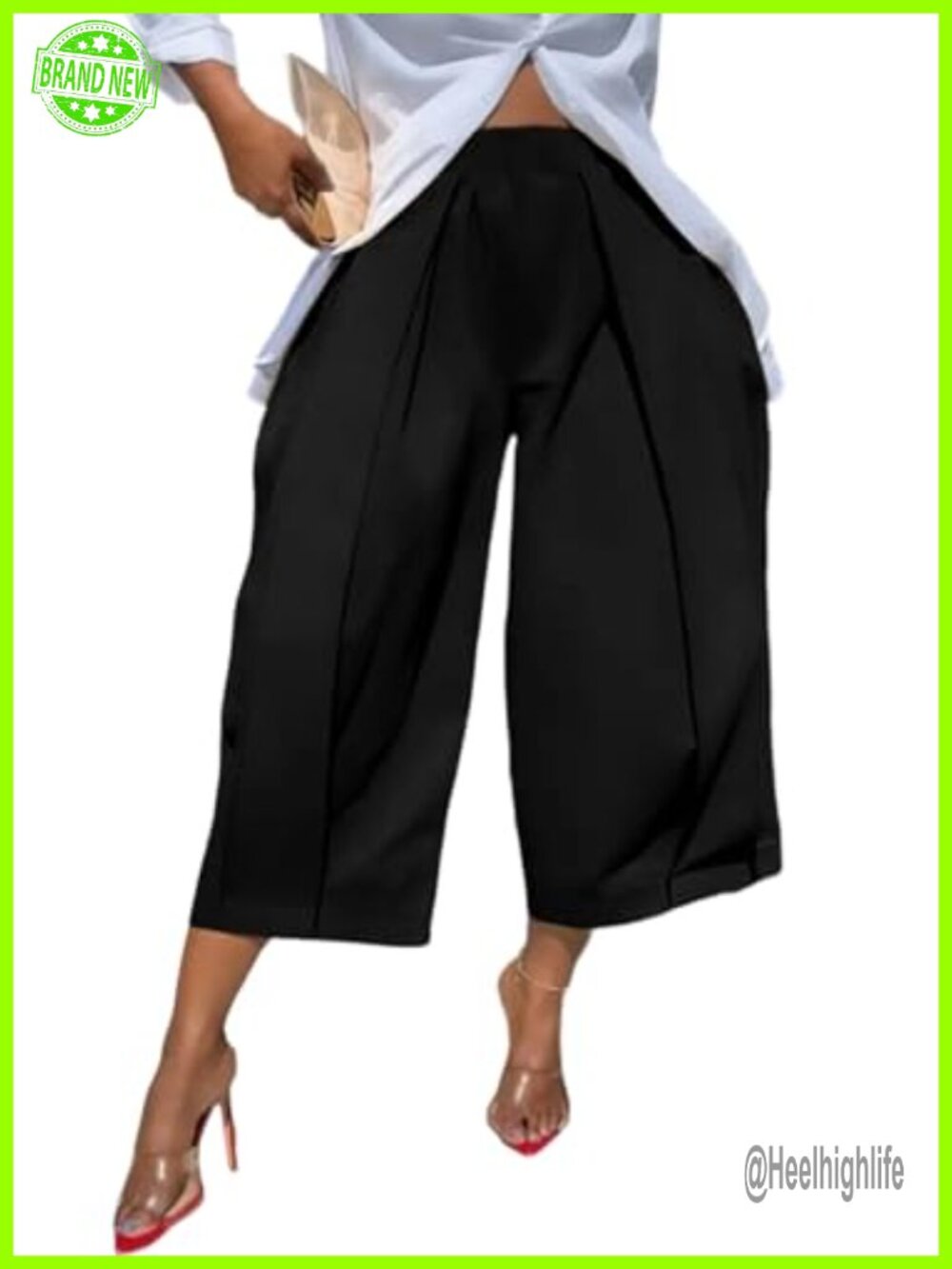 Women's Wide Leg Capri Pants High Waist Pleated Cropped Trousers